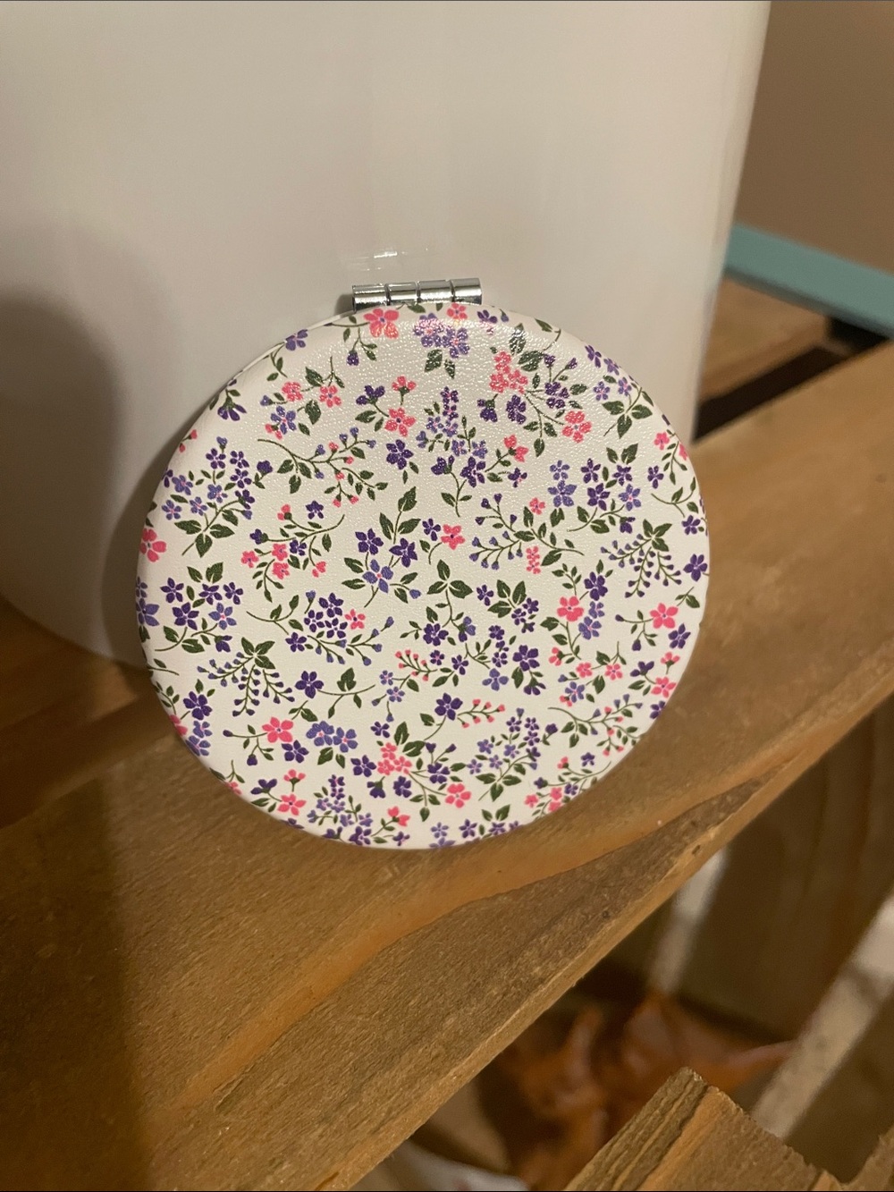 Round Floral Compact Mirror - White with Purple & Pink Flowers
